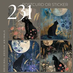 オリジナルデザイン アニマル ポストカード ステッカー マット紙 選べるタイプ 同柄 ハガキサイズ 可愛い 癒し イラスト 紙もの コラージュ 黒猫 満月 夜空 幻想的 お花 ファンタジーアート 231