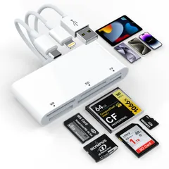 【2026最新型 安定高速版】5in1 マルチカードリーダー Lightning/USB-C/USB-A対応 SD/TF(MicroSD)/CF/MS/XD メモリーカードリーダー OTG機能付き 高速転送 写真・動画バックアップ iPhone・iP ...