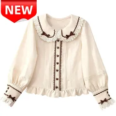 ⭐新品⭐ロリータ ブラウス 長袖 フリル レース リボン ハート型ボタン 甘ロリ ゴシック レディース トップス S M L XL XXL 白 クリーム 可愛い カジュアル 大人可愛い ご褒美 コスチューム コスプレ エレガント クリーム 裾フリル 袖口レース