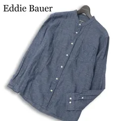 Eddie Bauer エディーバウアー 麻 リネン混★ 長袖 バンド カラー シャツ Sz.M メンズ ネイビー アウトドア