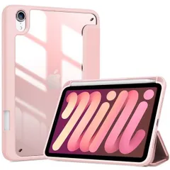 ピンク ProCase iPad Mini A17 Pro 第7世代 2024 Mini6 ケース 2021 8.3インチ ペンホルダー オートスリープ/ウェイク機能 耐衝撃 三つ折りスタンド 透明バックカバー 適用機種：iPad Mini A17 Pro 第