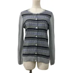 ニューヨーカー NEWYORKER カーディガン ニット クルーネック ノルディック 総柄 ウール 長袖 M グレー 青 ブルー