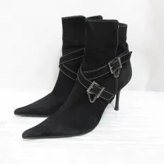 ダイアナ DIANA スエード ショート ブーツ 23 CA 黒 ブラック 靴 シューズ ポインテッドトゥ ハイヒール サイドファスナー ベルト チェーン 日本製