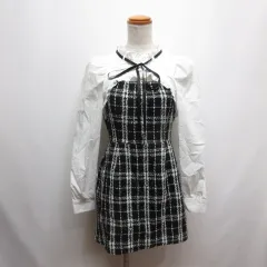 グレイル GRL リボンタイ付き ボレロ ドッキング チェック柄 ミニ ワンピース L 白×黒 tu454 裏地付き