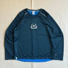 00s　archive　アーカイブ古着　old adidas　オールドアディダス　長袖　ロングスリーブTシャツ　メッシュ生地　ゲームシャツ　ネイビー×ブルー　両面パフォーマンスロゴ　肩ライン　2XO　サッカー　テックギア　Y2K　mesh game shirt