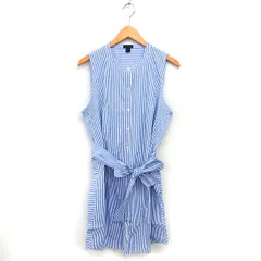 ジェイクルー J.CREW ストライプ シャツワンピース フレア ひざ丈 リボン ノースリーブ L 青 ブルー /NT22