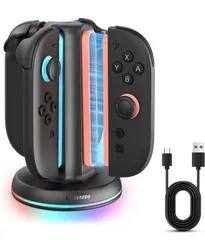 TRANSNOVO Switch 2 ジョイコン用 充電器 スイッチ2用 4 in 1 急速充電スタンド コントローラードック LEDライト照明 9つのRGB 省スペース 家族 自宅 デスク テレビ台 Type-Cケーブル付属