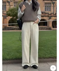 クリーム色 ワイド コットン パンツ