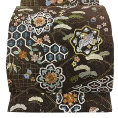 【美品】 袋帯 逸品 華文 花鳥 刺繍 箔 茶色 六通 正絹 【中古】