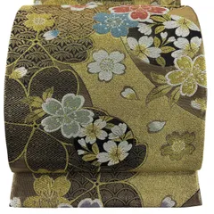 【美品】 袋帯 秀品 振袖向き 桜 桜の花びら 金糸 箔 金色 六通 正絹 【中古】