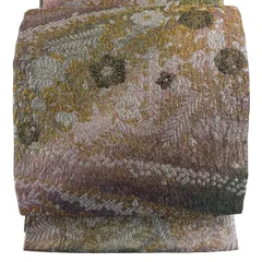 【美品】 袋帯 秀品 草花 幾何学模様 箔 銀糸 小豆色 全通 正絹 【中古】