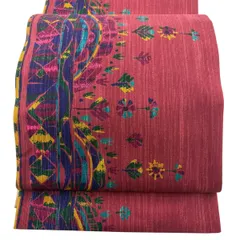 【美品】 袋名古屋帯 秀品 草花 幾何学模様 えんじ色 正絹 【中古】