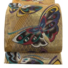 【美品】 袋帯 秀品 振袖向き 花好み 蝶 網目文 唐織 金糸 金色 六通 正絹 【中古】