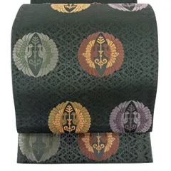 【美品】 袋帯 秀品 向かい鳥 花 刺繍 金糸 深緑 六通 正絹 【中古】