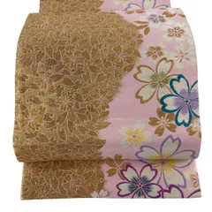 【美品】 袋帯 秀品 桜 桜の花びら 箔 刺繍 ピンク 六通 正絹 【中古】