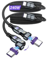 AUFU USB C ケーブル マグネット 240W 180度回転 16pin 【1.8M 2本セット】タイプCケーブル Ｌ字型 5A急速充電 480Mbpsデータ転送 タイプc 充電 AndroidなどType-C機種対応（ブラック・2本組）