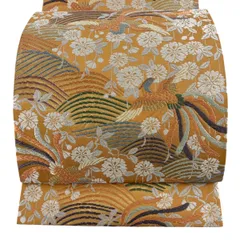 袋帯 秀品 花鳥 波 唐織 箔 オレンジ 六通 正絹 【中古】