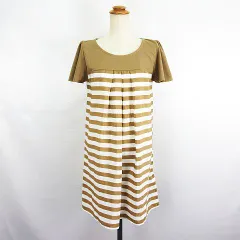 アースミュージック&エコロジー EARTH MUSIC & ECOLOGY ワンピース チュニック 半袖 ラウンドネック ひざ丈 ドッキング ボーダー F キャメル ※EKM