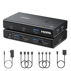 UGREEN HDMI KVM切り替え機 2入力1出力 4K@60Hz 1モニター＆2PC 4*USB3.0 ポート 2台のPCのでキーボード、マウス、プリンター、モニターを共有 HDMIケーブル2本＆USBケーブル2本、電源アダプター＆コントローラー付き