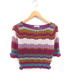 ナチュラルクチュール natural couture タグ付き ニット セーター ボーダー 透け編み フリル 五分袖 F 赤紫 茶 ワインレッド ブラウン /TT