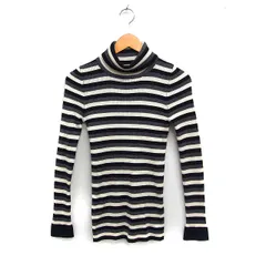 ネイヴ Nave ボーダー柄 リブ ニット セーター タートルネック 長袖 ウール混 2 ブラック 黒 グレー 灰 /FT17