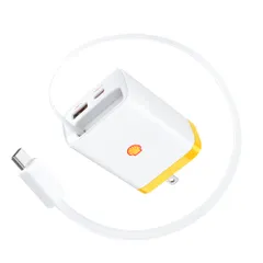 Shell 巻き取り式 充電器 65W 3ポート 伸縮85㎝ケーブル内蔵 GaNIII技術 折りたたみ式プラグ PSE認証済み PD3.0/QC4+/PPS規格対応 MacBook iPad iPhone Android ノートPC各種対応