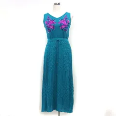グレースコンチネンタル GRACE CONTINENTAL ニット フレア ワンピース マキシ 刺繍 花柄 ノースリーブ Vネック 36 ターコイズグリーン /NT13
