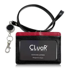新品 (シールアル) リール付きIDカードホルダー ID カードケース 本革 革 レザー ネックストラップ フィルム取替可 横型 社員証 ケース (01.ブラック×レッド)