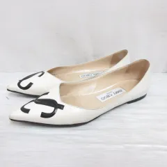 ジミーチュウ JIMMY CHOO JCロゴ フラット パンプス レザー ポインテッドトゥ 34.5 約21.5cm 白 ホワイト 靴 シューズ イタリー製 ☆AA★