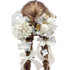 【数量限定】ロングヘア ハーフアップ ヘアアレンジ シルバー ブラック ピンク ホワイト 和装 結婚式 ウェディング 袴 振袖 A251002001 ドライフラワー アジサイ ベリー パールチェン ベロアリボン シフォンリボン 入学式 卒業式 二次会 前撮り 