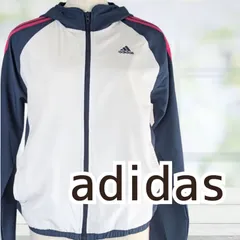 USED adidas パーカー付きトレーニングジャージ ホワイト ネイビー Ｓサイズ レディース アディダス