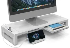 EAYHMモニター 台 卓上 USBドッキング付き PC 机上 台 USB/TYPE-C急速充電対応 折りたたみ可能 パソコンスタンド 引き出しとスマホホルダー付き パソコン 台 幅3段階可変モニタースタンド 耐荷重25Kg (白-USBドッキング付き)