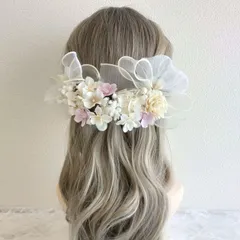 髪飾り＊成人式 卒業式 結婚式 ウェディング 振袖 袴 和装 前撮り~桜 小花 リボンヘア ハーフアップ~ホワイトベージュ 21本