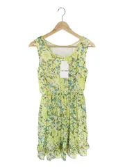 レストローズ L'EST ROSE ワンピース ひざ丈 ノースリーブ フレア 花柄 総柄 レース 裏地付き イエロー系 サイズ2 QQQ