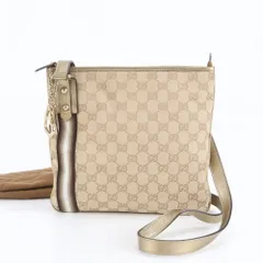 極美品 グッチ GGキャンバス シェリー ライン 144388 レザー ショルダーバッグ 斜め掛け ゴールド レディース MMM DL39-9【中古】