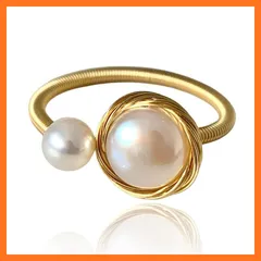 【新品】 手作りの天然バロックパールリング巻きデザイン開口部14 k金メッキ材調整可能 (ダブルビーズ), ゴールド 0