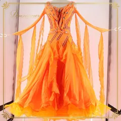 社交ダンス 衣装 スタンダードドレス ワンピース ドレス フロート デモ 競技 ダンス パーティ 発表会 フリル レース オレンジ系 鮮やか フロア映え ふんわり スカート 3枚重ね Mサイズ レディース 競技用 ダンス衣装 発表会用ドレス デモ用ドレス
