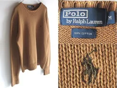 希少 90sビンテージ Polo by Ralph Lauren ラルフローレン ポロポニーロゴ刺繍 コットンニット セーター M キャメル