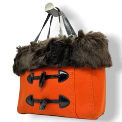 美品 ケイトスペード kate spade ハンドバッグ トートバッグ ダッフルコート風 トグルボタン ファー キャンバス オレンジ ブラウン 茶色 自立可 レディース 秋冬 お出かけ デート カジュアル 個性的 保存袋付 s78