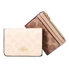 コーチ 財布 COACH コーティングキャンバス レザー シグネチャー カードケース付き ブロックド ウォレット コンパクト 三つ折り財布 サンド×タン CZ446