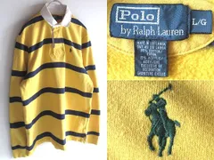 希少 90sビンテージ Polo by Ralph Lauren ラルフローレン ポロポニーロゴ刺 ボーダー ラガーシャツ 長袖ポロシャツ L イエロー ネイビー