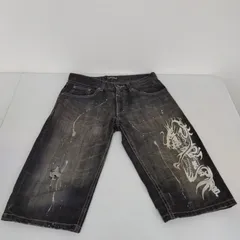 【TAKA70-60】◇ BARCEDOS バルセドス ｢バギー デニム ハーフ ジーンズ ドラゴンプリント｣ メンズ 76 ブラック