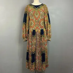 日本製 90s Vintage Vingt Sept 長袖 ロングワンピース プリーツ フレア ペイズリー柄 総柄 日本古着 マルチカラー レトロ ヴィンテージ ビンテージ