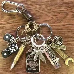 キーホルダー キーリング 本革 巻き ステンレス カラビナ レトロ アメカジ ビンテージ 古着 ストリート ジャラジャラ ダイス スケボー H001