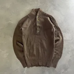 【I-4】ブラウン　ヘンリーネック　ニット　セーター　ボタンネック　ハイネック　茶色　シンプル　古着　S〜M相当