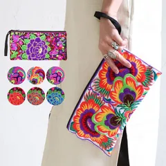 ポーチ エスニック フラット モン族 刺繍 刺しゅう クラッチバッグ ワイド 横長 裏地付き 大きい 大きめ 整理整頓 コスメポーチ 旅行 お洒落 綿 コットン レディース メンズ 民族柄 アジアンピンク チロリアンテープ カラフル かわいい 雑貨 ファスナー
