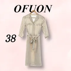 OFUON オフオン ワンピース ベルト シアー ポケット カジュアル 綺麗め おしゃれ 七分丈 ひざ丈 レディース ストライプ 38