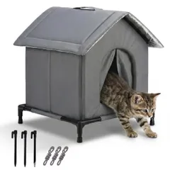 外猫 ハウス 猫ハウス 屋外用 屋外 高床 撥水 断熱 保温 取っ手付き 組立簡単 丸洗いクッション 夏冬兼用 ひさし屋根 日陰設置推奨 保冷剤併用可 クールマット対応 ベランダ 玄関 庭 置き型 キャットハウス 猫小屋 グレー (Sサイズ) のサムネイル