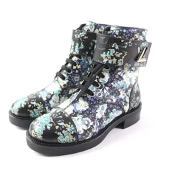 【ドンドン見直し】極美品 LOUIS VUITTON ルイヴィトン ワンダーランド・ライン レザー ツイストロック 花柄 フローラル レースアップ レザーブーツ/ ショートブーツ マルチカラー 35.5 イタリア製 レディース
