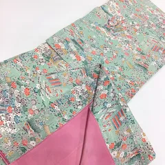 中古品　袷着物　ちりめん　小紋　わさび色　正絹　R376